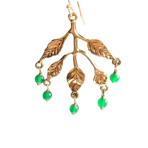 ANTIQUE Gold Tone Dangle Pierced Earrings Tree Branches with Green Beads - Picture 3 of 3
